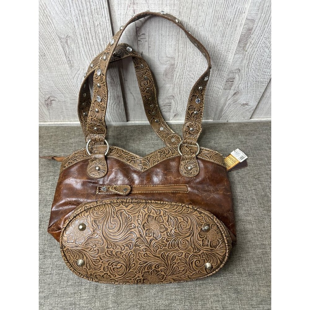 Western Style Brown Handbag Purse w/ Embossed Paisley Design & Star Horseshoe - Picture 4 of 9